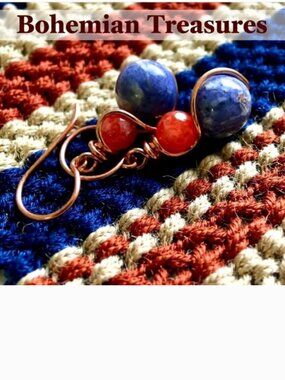 Handcrafted: Sodalite & Fiery Agate Copper Wire Earrings • OOAK Denim‑Lover Pair